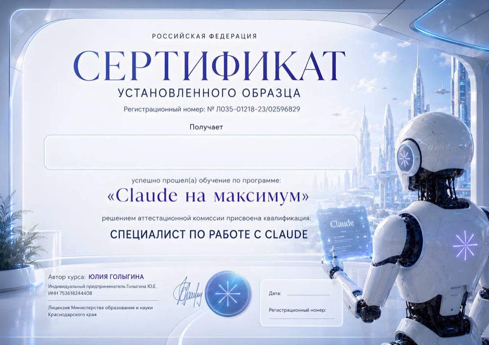 Именной сертификат установленного образца: программа «Claude на максимум», квалификация «Специалист по работе с Claude»