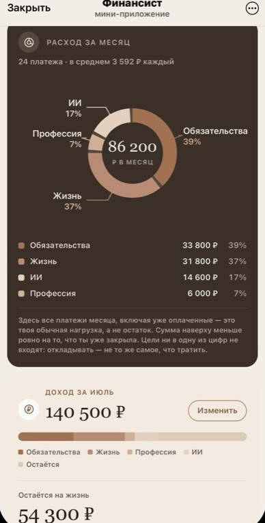 Мини-приложение Финансист: расход за месяц по категориям и остаток на жизнь